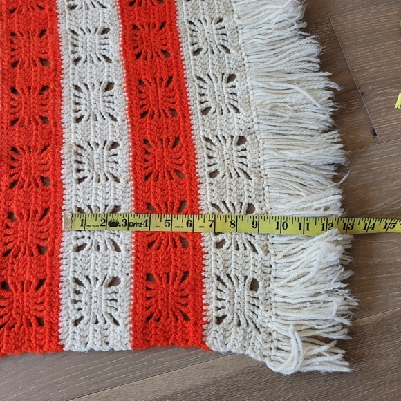 Handmade Vintage Crocheted Orange/White Stripe Throw Blanket w/Detailed Squares - Picture 7 of 7